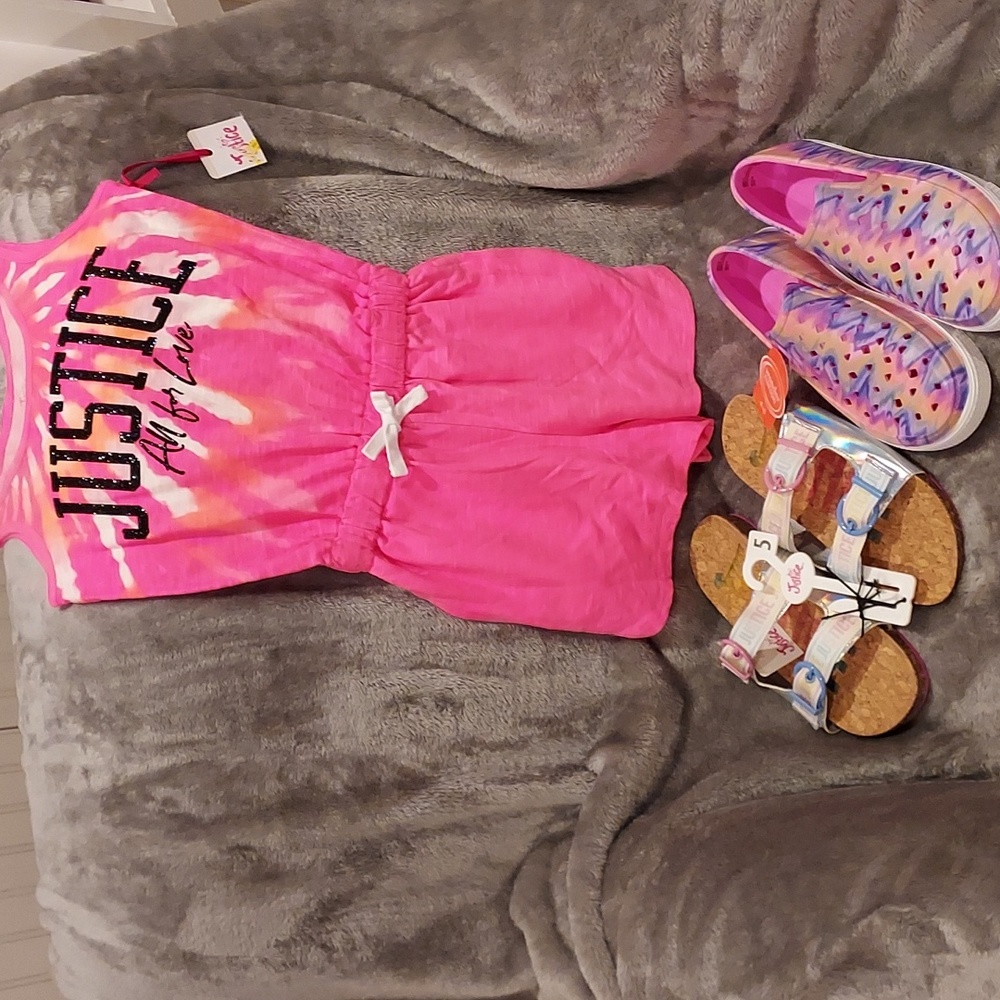 NWT Girls Justice Pink Size S One Piece Romper & Justice Sandals Size 5